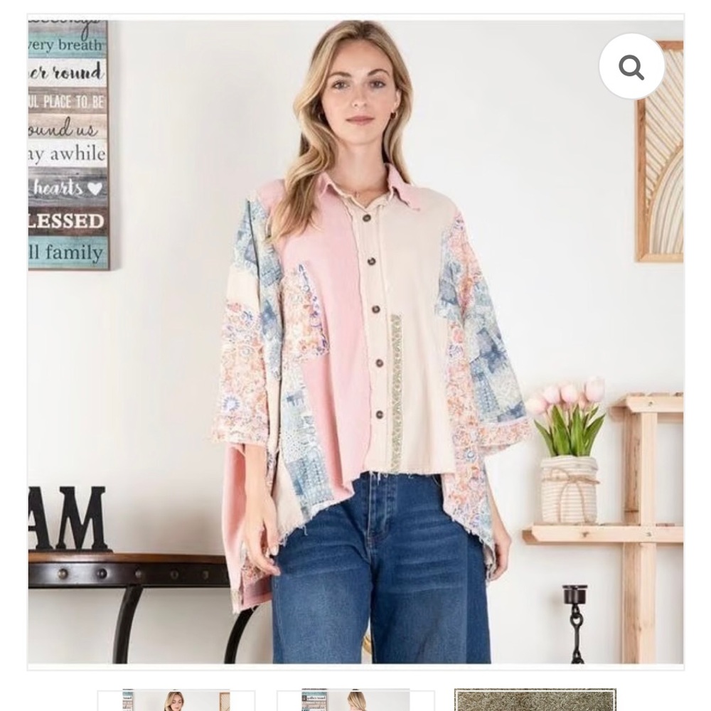 NWT Blue Velvet Boho Patchwork Button-Up Blouse